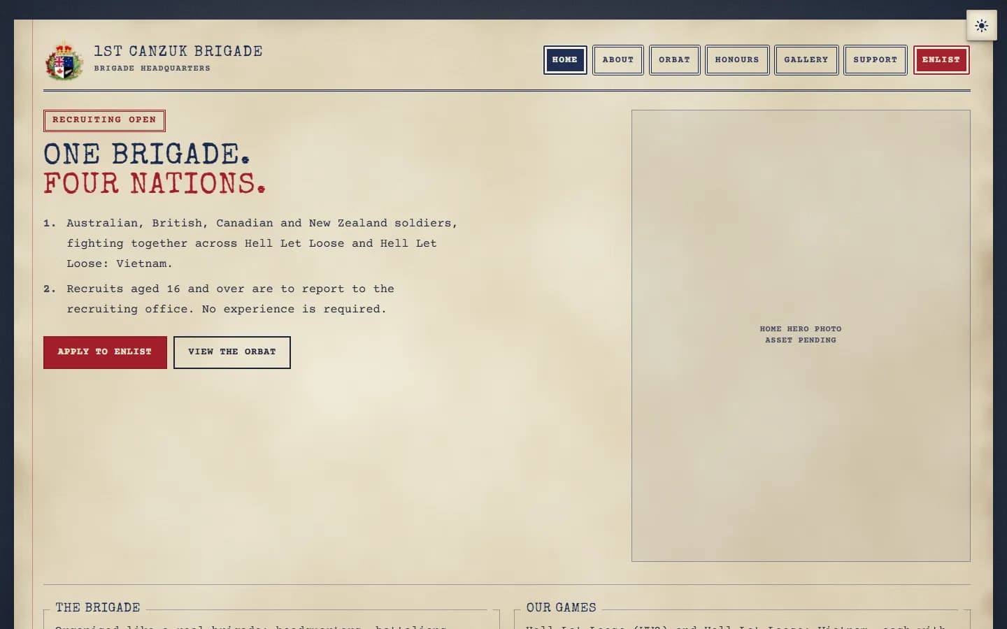 The home page, with enlistment open