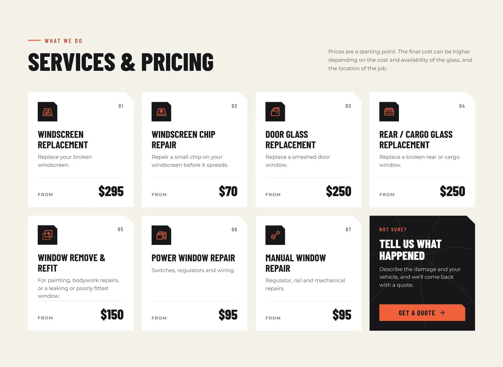 The services and pricing cards