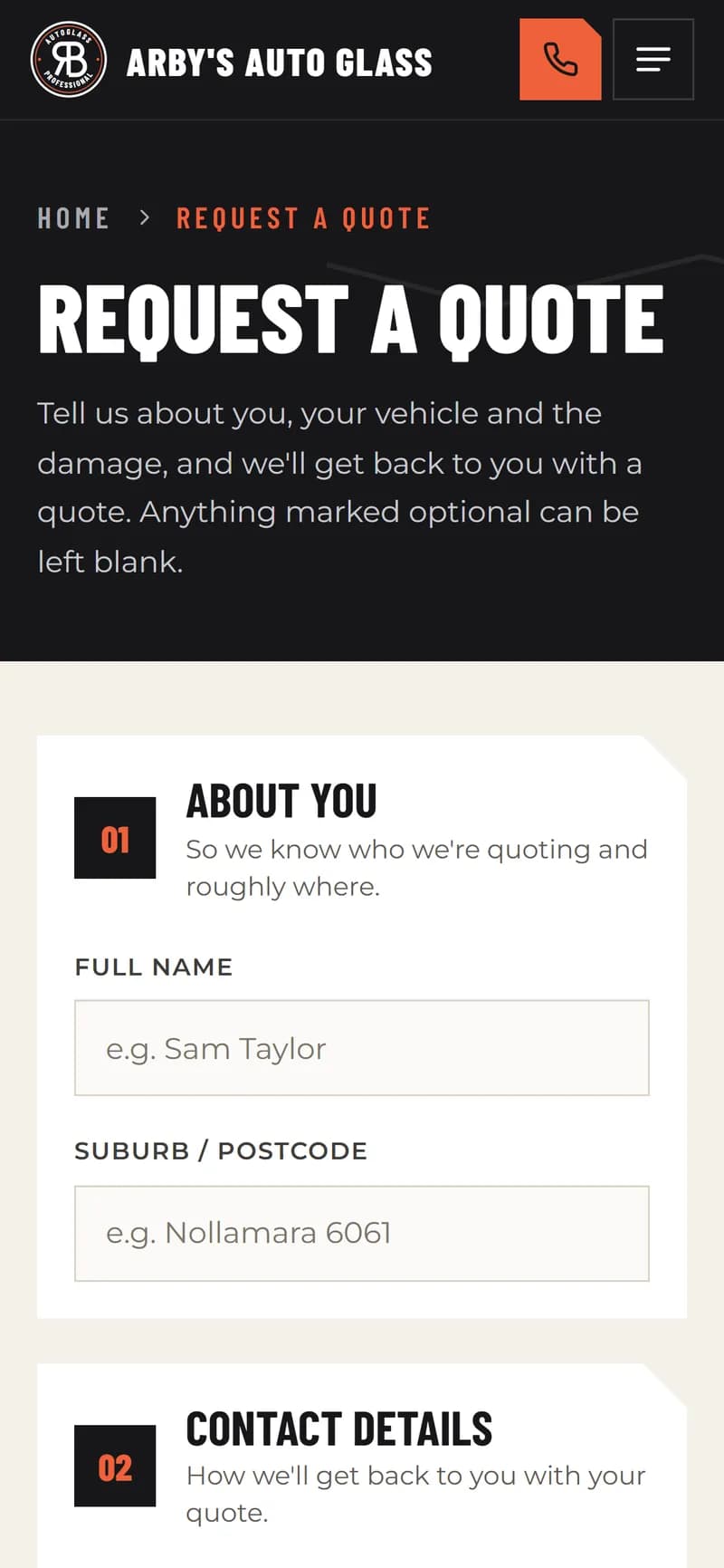 The quote form on a phone