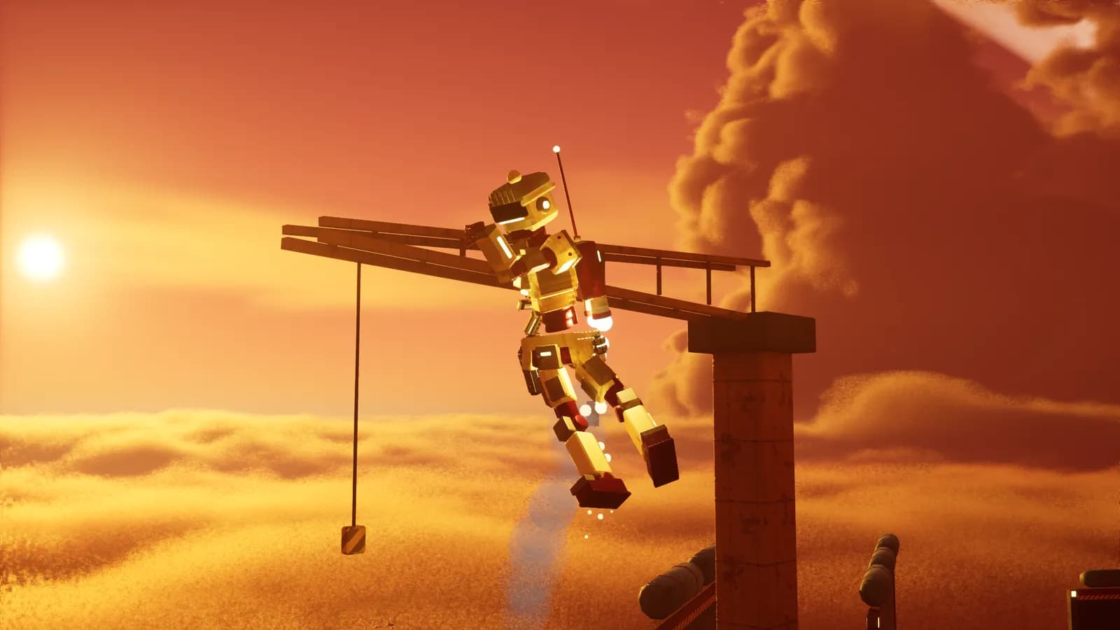 A robot jetpacking off a crane above the clouds at sunset on the Skyrig map