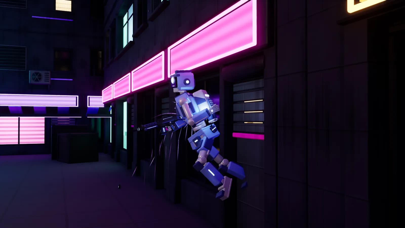 Wall running past neon signs in Neon District