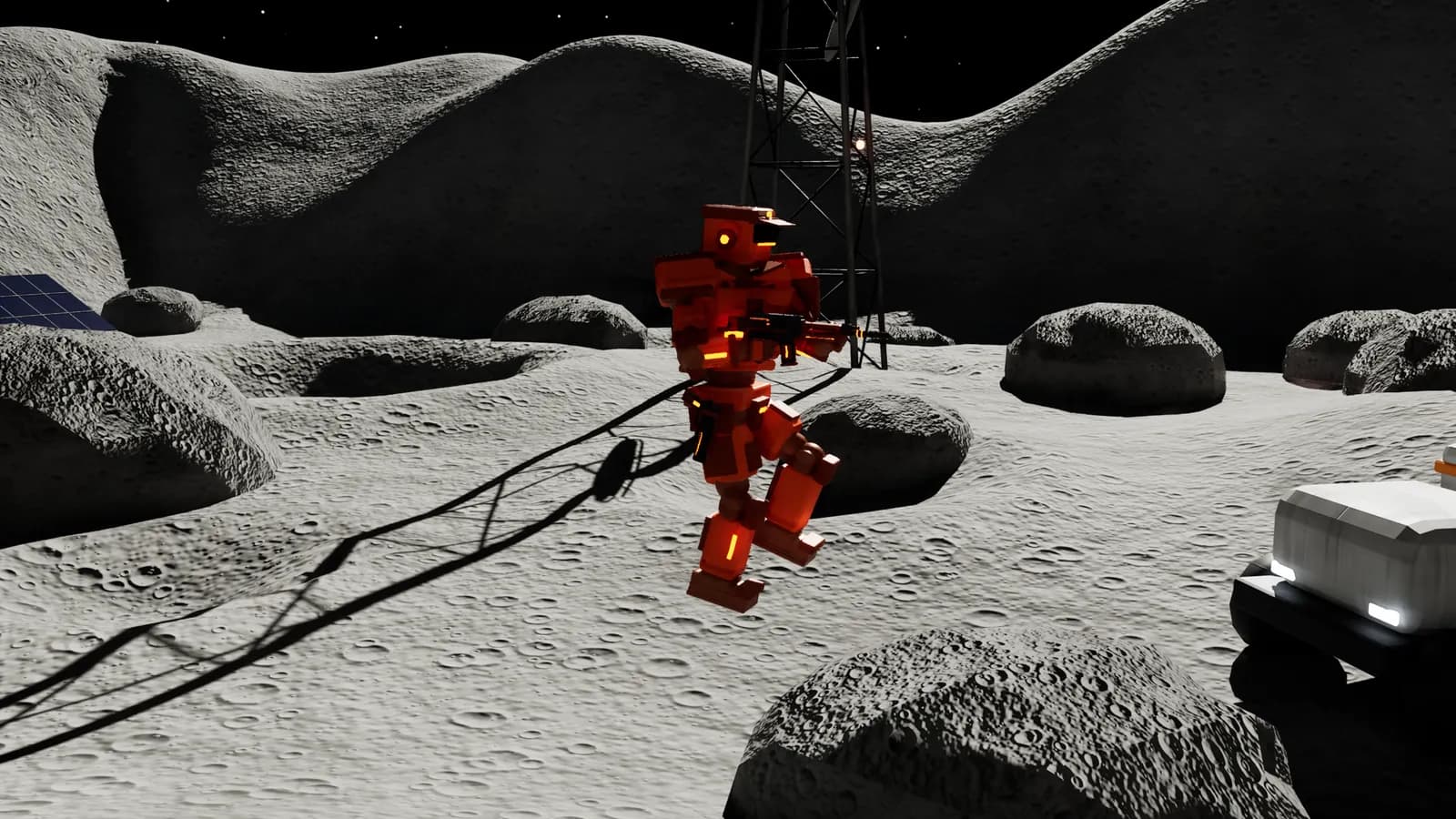 A low-gravity jump across the Moon Base craters