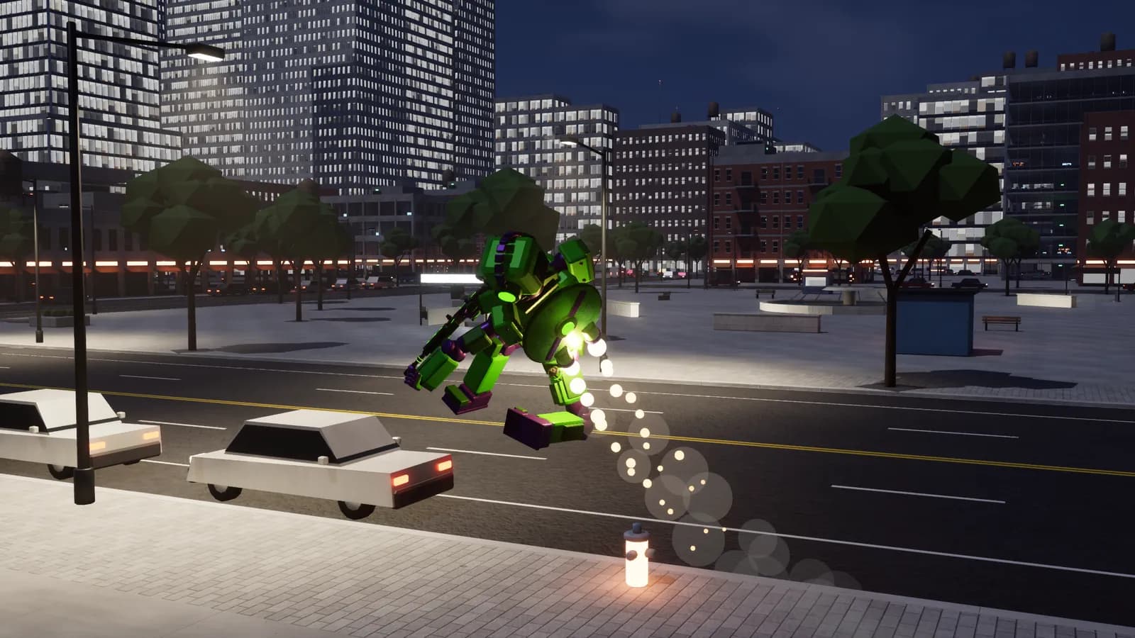 Jetpacking over a street at night in Downtown