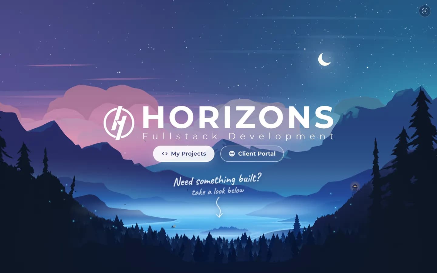 The hero: a parallax night scene over a lake, with the Horizons logo