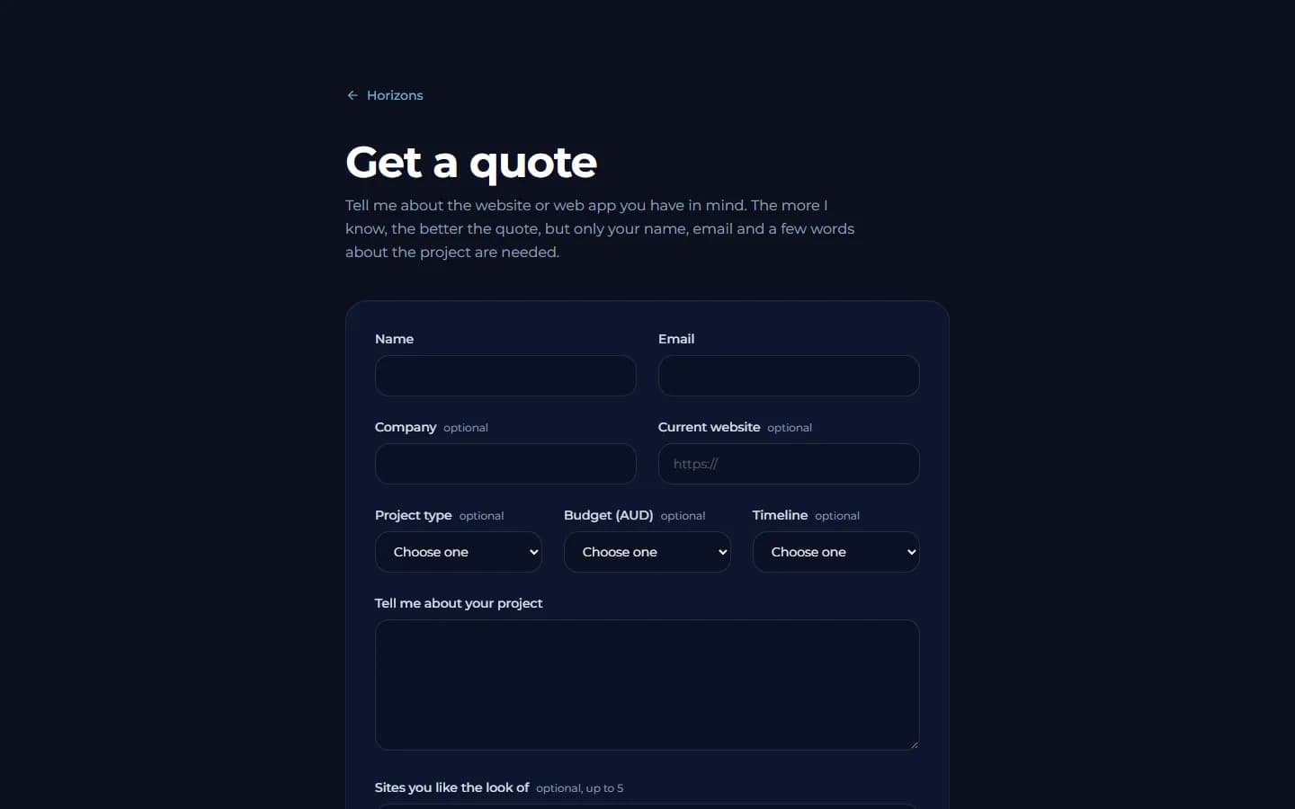 The quote form clients use to ask for work