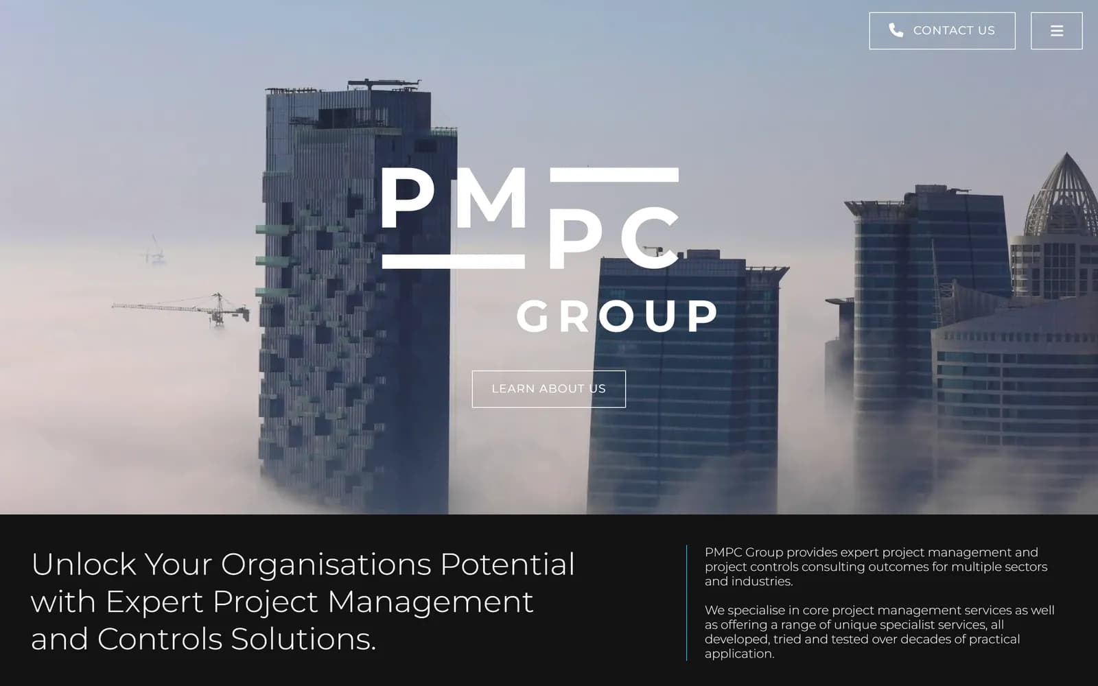 The home page hero: the PMPC Group logo over a city skyline in fog