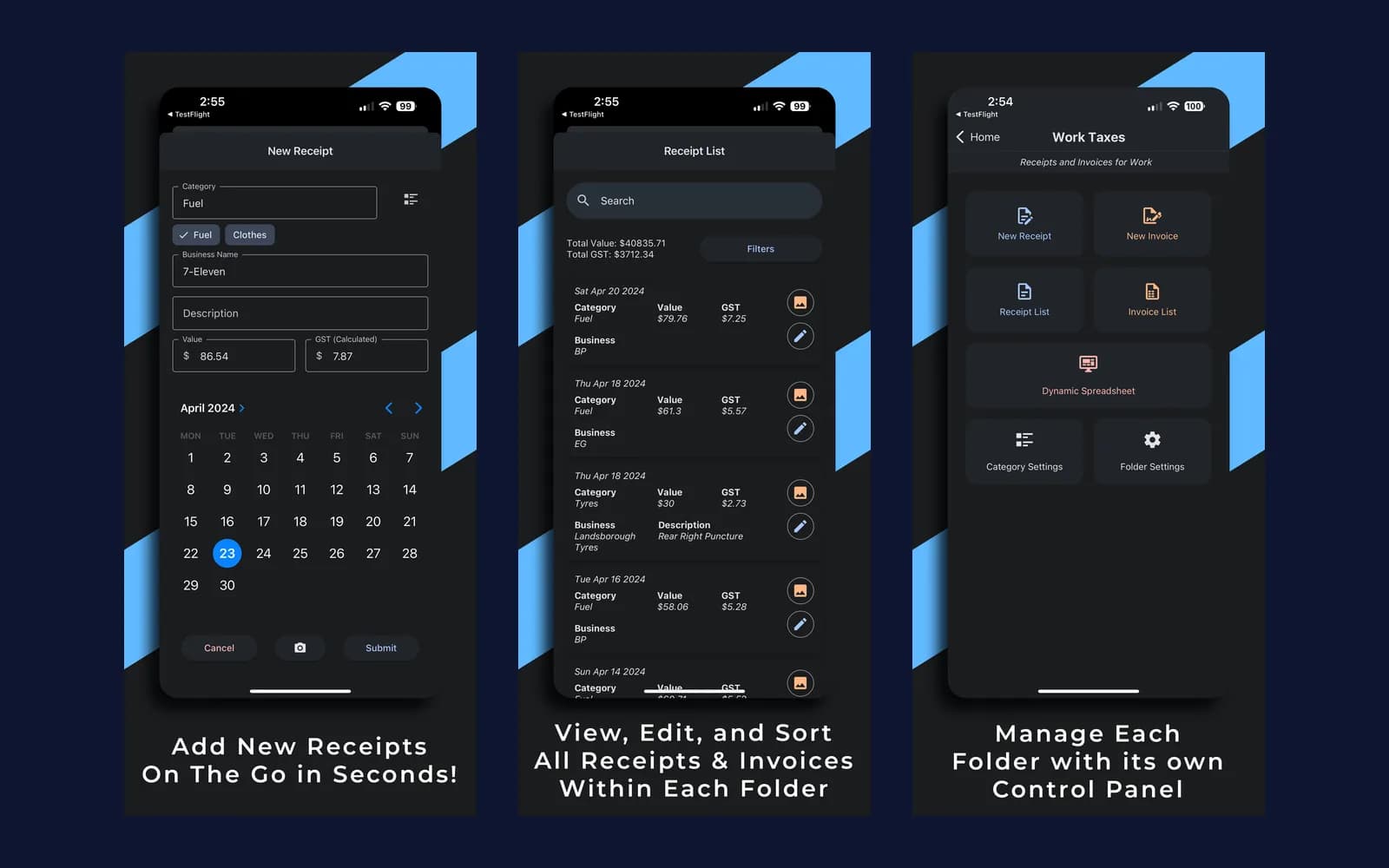 Three App Store screenshots: adding a receipt, the receipt list and a folder's control panel