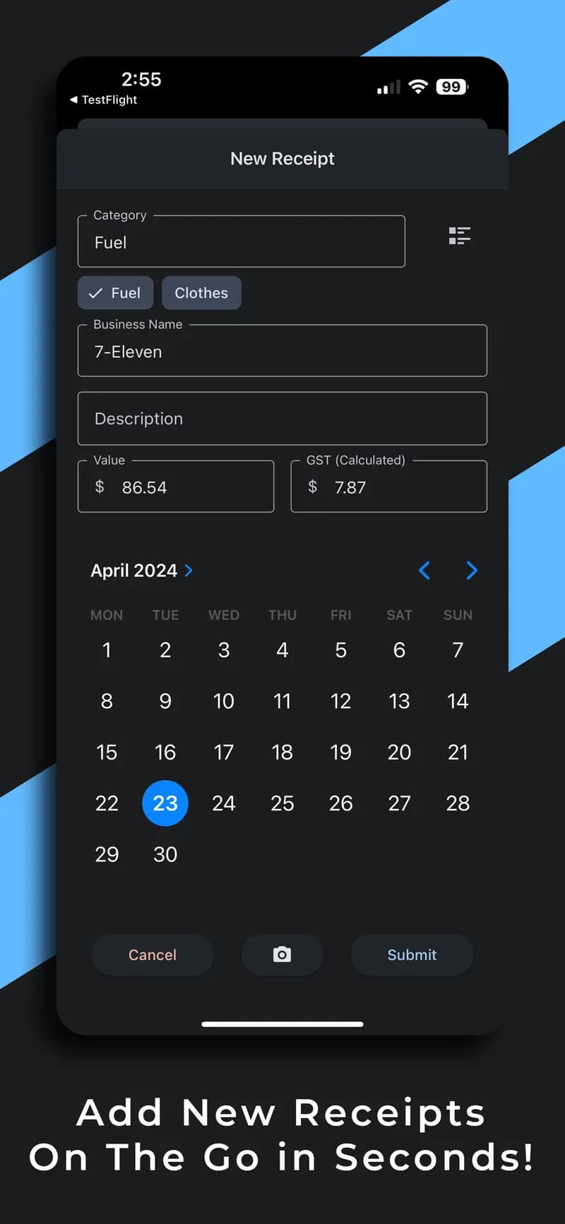 Adding a new receipt, with its category, value and date
