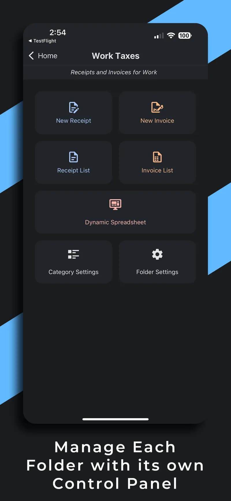 A folder's control panel, with receipts, invoices and the spreadsheet export