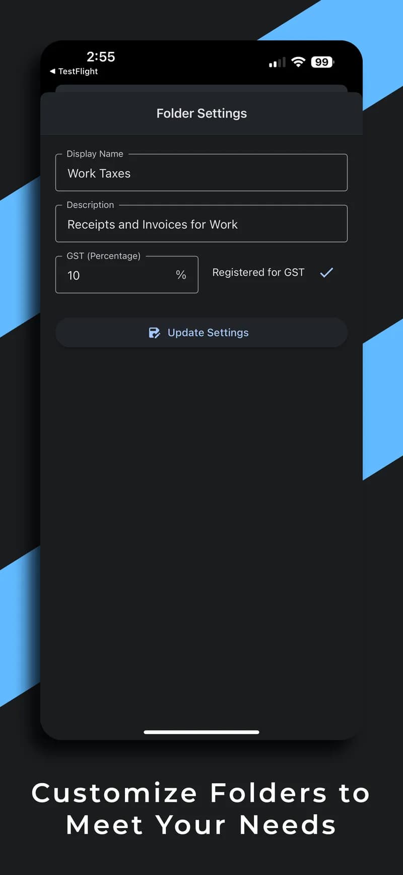 Settings for a folder, including its GST rate