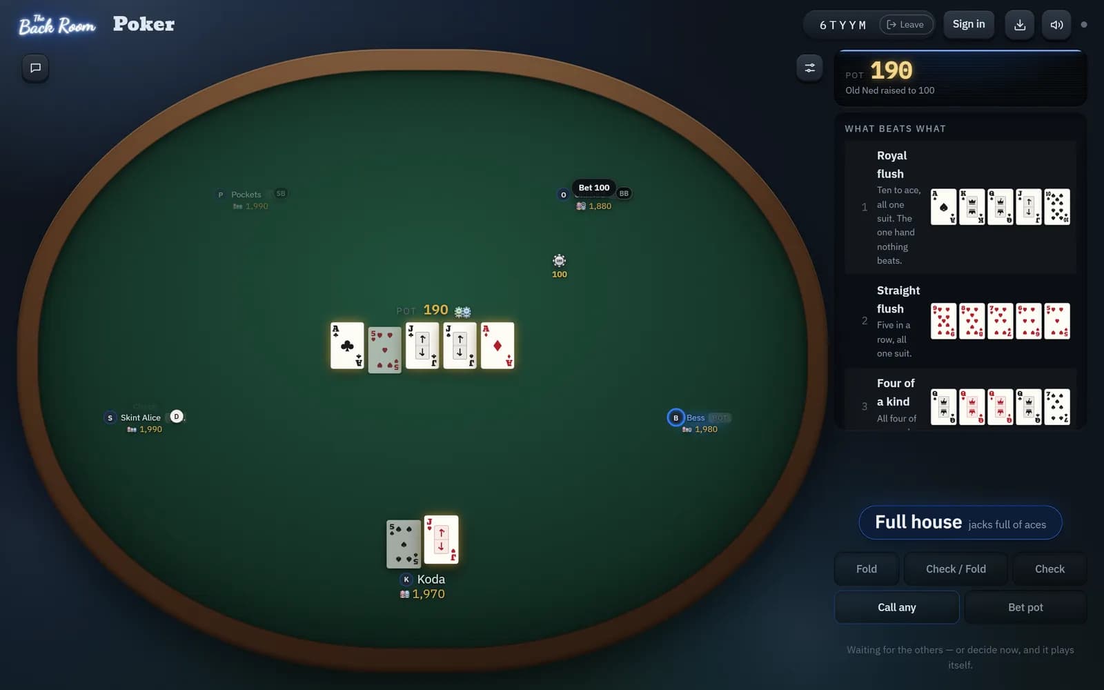 A poker table at the end of a hand, showing a full house