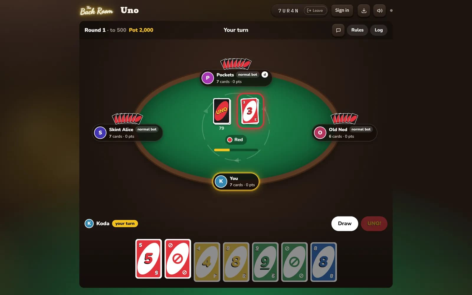 Your turn in a game of Uno against friends and bots