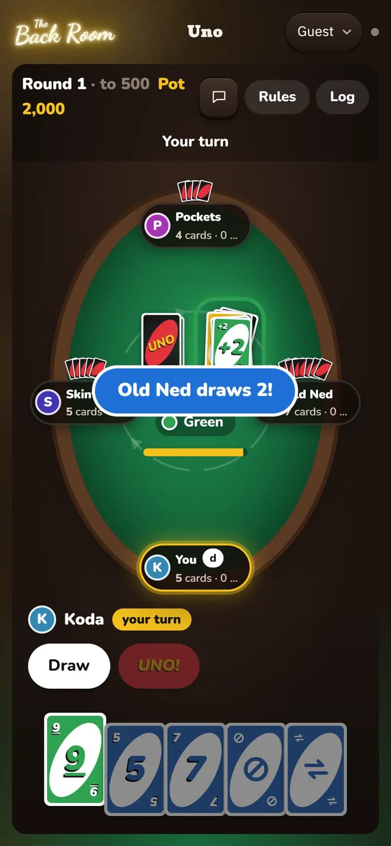 Uno on a phone, with a Draw Two in play
