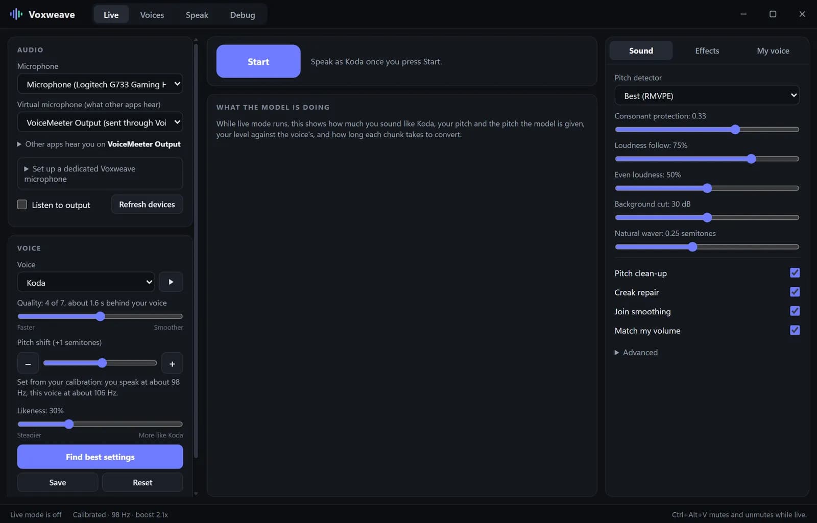 Live mode: microphone, virtual microphone, voice and sound settings