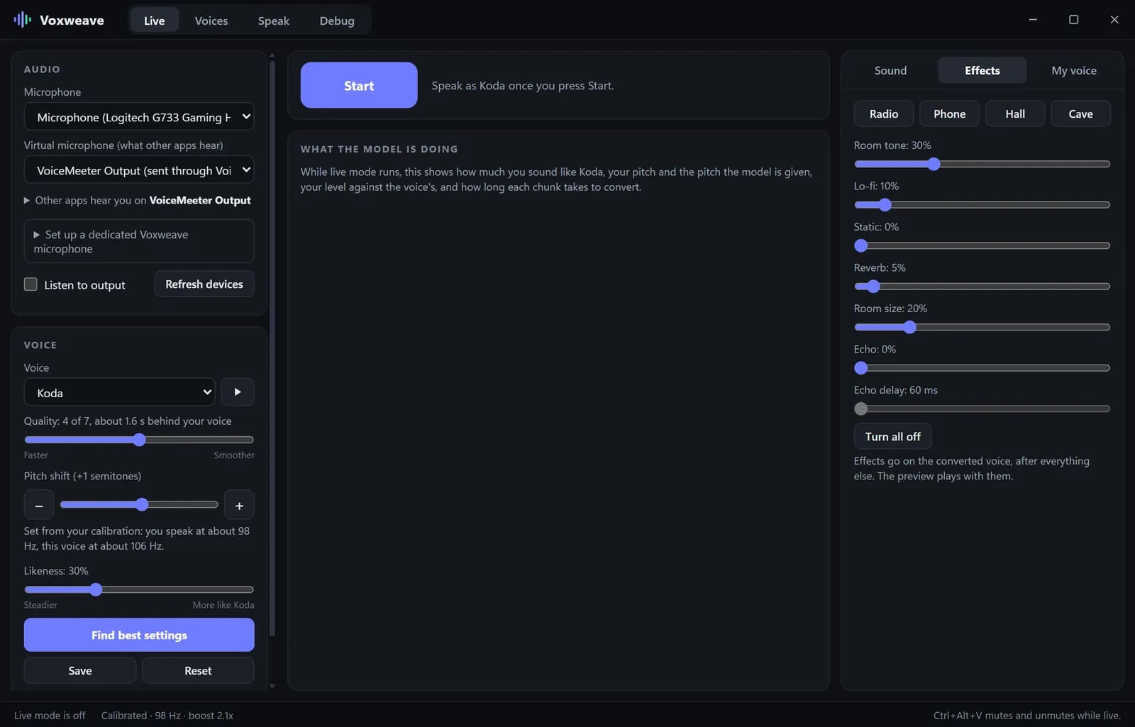 Live effects applied to the converted voice