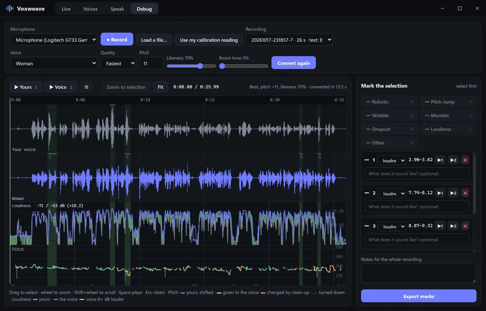 The debug view analysing a voice